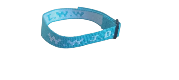 Blue WWJD wristband on a white background – 100% of profits support UK street‑church outreach
