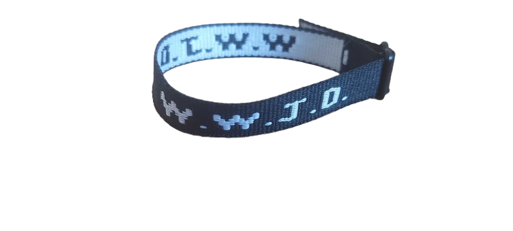Black WWJD wristband on a white background – 100% of profits support UK street‑church outreach