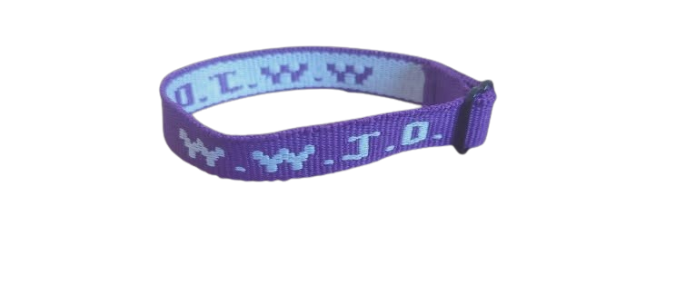 Purple WWJD wristband on a white background – 100% of profits support UK street‑church outreach
