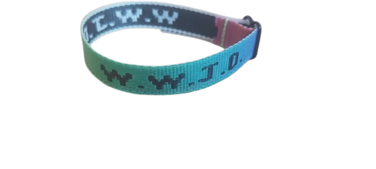 Multi coloured WWJD wristband on a white background – 100% of profits support UK street‑church outreach