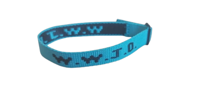 Blue WWJD wristband on a white background – 100% of profits support UK street‑church outreach