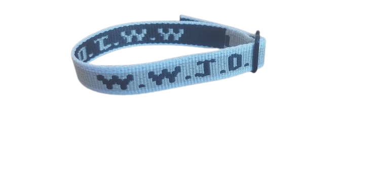 White WWJD wristband on a white background – 100% of profits support UK street‑church outreach