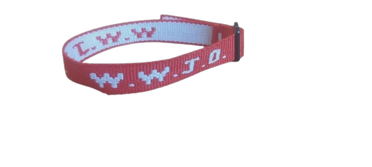 Red WWJD wristband on a white background – 100% of profits support UK street‑church outreach