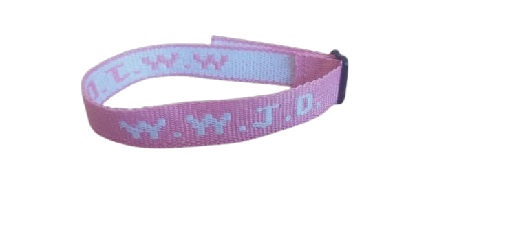 Pink WWJD wristband on a white background – 100% of profits support UK street‑church outreach