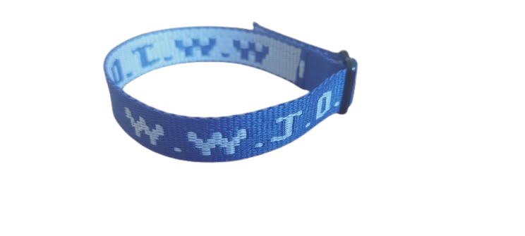 Blue WWJD wristband on a white background – 100% of profits support UK street‑church outreach