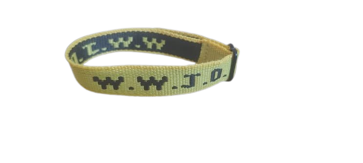Yellow WWJD wristband on a white background – 100% of profits support UK street‑church outreach